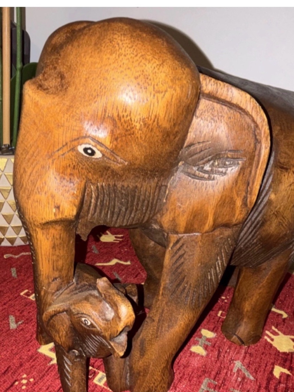Hand-Carved Brown Wooden Elephant Pair Sculpture